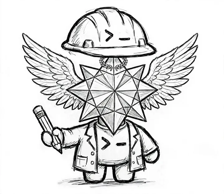 Daniel's original ink sketch of a winged, geometric architect character wearing a hard hat and holding a pencil